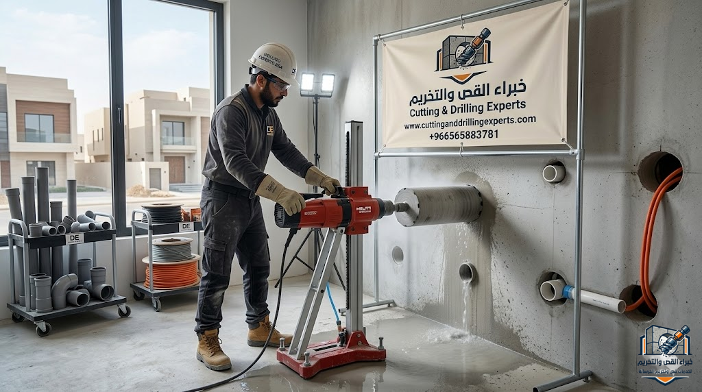 تخريم خرسانة حي الياسمين بالرياض للسباكة والكهرباء بدون تكسير باستخدام الكور الماسي لتمديد المواسير والكابلات بدقة عالية